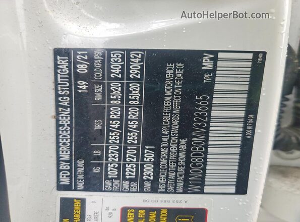 W1N0G8DB0MV323665 2021 MERCEDES-BENZ GLC-CLASS White Widok naklejki z numerem VIN
