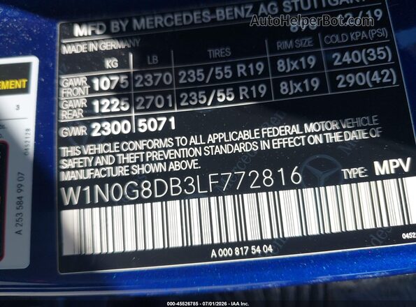 W1N0G8DB3LF772816 2020 MERCEDES-BENZ GLC 300 Blue Շարժիչի բաժամունքի տեսք