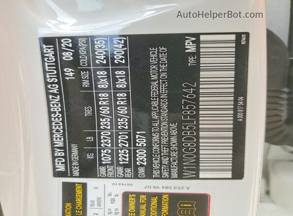 W1N0G8DB5LF857642 2020 MERCEDES-BENZ GLC-CLASS White VIN sticker view
