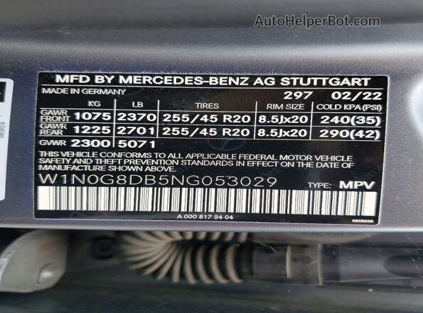 W1N0G8DB5NG053029 2022 MERCEDES-BENZ GLC-CLASS Gray VIN sticker view