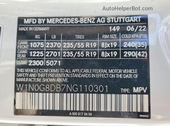W1N0G8DB7NG110301 2022 MERCEDES-BENZ GLC-CLASS White Widok naklejki z numerem VIN