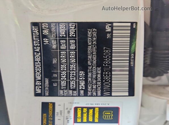 W1N0G8EB1LF865087 2020 MERCEDES-BENZ GLC-CLASS White Вид наклейки з VIN-кодом