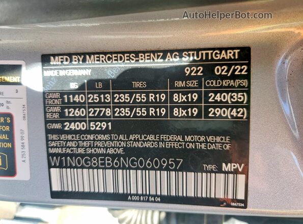 W1N0G8EB6NG060957 2022 MERCEDES-BENZ GLC-CLASS Silver Вид наклейки з VIN-кодом