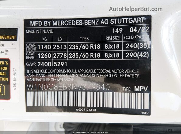 W1N0G8EB8NV379840 2022 MERCEDES-BENZ GLC 300 White ძრავის განყოფილების ხედი