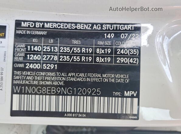 W1N0G8EB9NG120925 2022 MERCEDES-BENZ GLC-CLASS White Вид наклейки з VIN-кодом