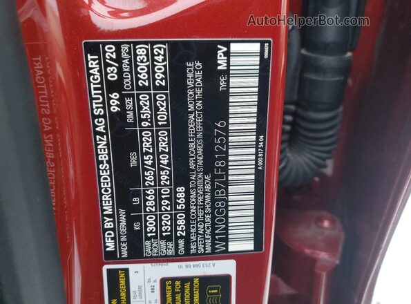 W1N0G8JB7LF812576 2020 MERCEDES-BENZ GLC-CLASS Red Вид наклейки з VIN-кодом