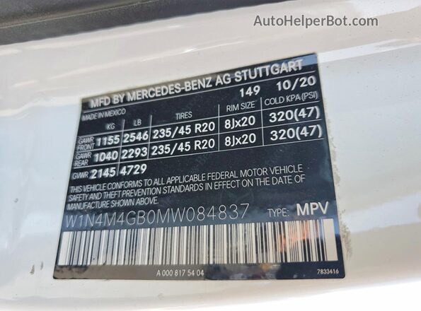 W1N4M4GB0MW084837 2021 MERCEDES-BENZ GLB-CLASS White Vista interior de 360 grados