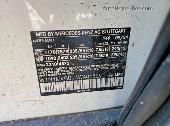 W1N4M4GB9SW404329 2025 MERCEDES-BENZ GLB-CLASS White Widok naklejki z numerem VIN