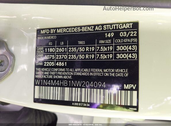 W1N4M4HB1NW204094 2022 MERCEDES-BENZ GLB-CLASS White Շարժիչի բաժամունքի տեսք