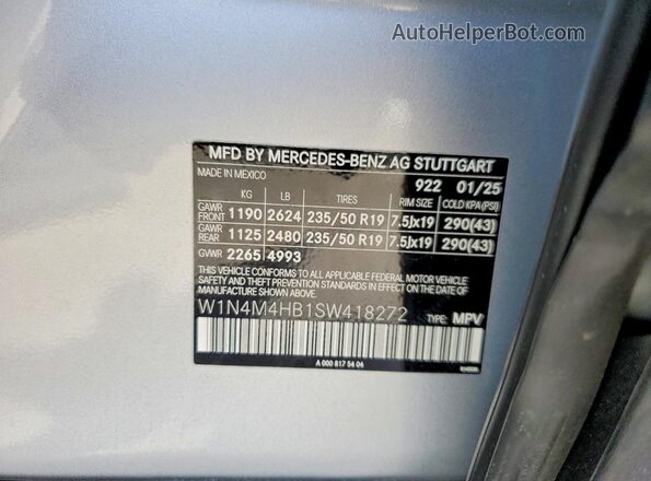 W1N4M4HB1SW418272 2025 MERCEDES-BENZ GLB-CLASS Silver VIN კოდის სტიკერის ხედი