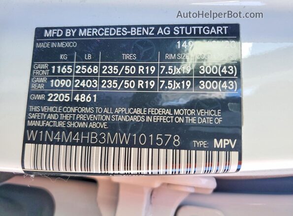 W1N4M4HB3MW101578 2021 MERCEDES-BENZ GLB-CLASS White VIN sticker view