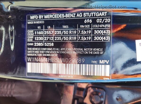 W1N4M4HB5LW028289 2020 MERCEDES-BENZ GLB-CLASS Black VIN კოდის სტიკერის ხედი