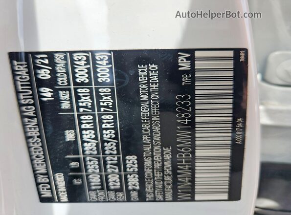 W1N4M4HB6MW148233 2021 MERCEDES-BENZ GLB-CLASS White VIN կոդի պիտակի տեսք
