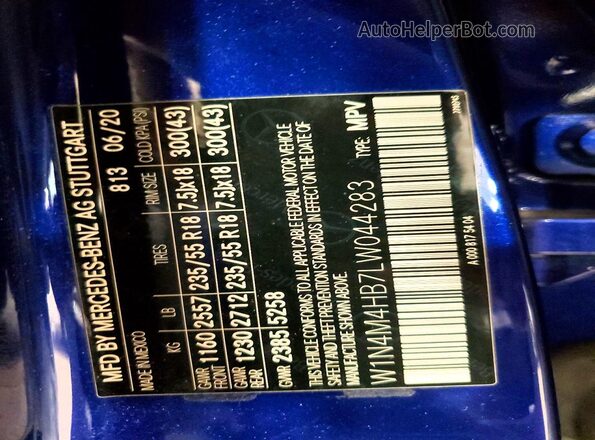 W1N4M4HB7LW044283 2020 MERCEDES-BENZ GLB-CLASS Blue VIN կոդի պիտակի տեսք