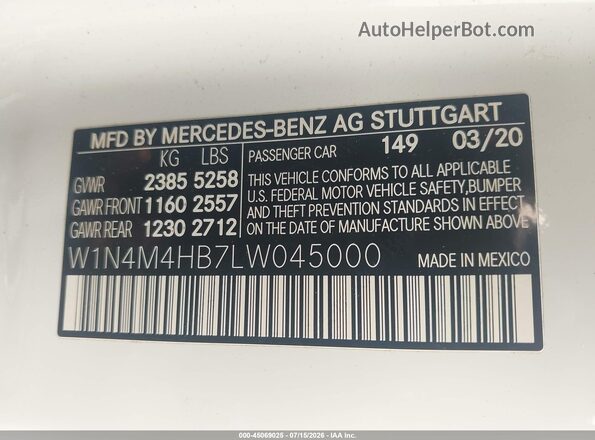 W1N4M4HB7LW045000 2020 MERCEDES-BENZ GLB-CLASS White VIN կոդի պիտակի տեսք