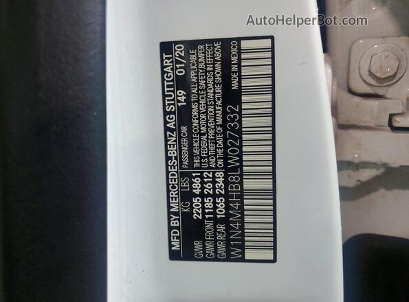 W1N4M4HB8LW027332 2020 MERCEDES-BENZ GLB-CLASS White VIN კოდის სტიკერის ხედი