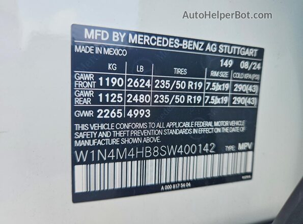 W1N4M4HB8SW400142 2025 MERCEDES-BENZ GLB-CLASS White VIN կոդի պիտակի տեսք