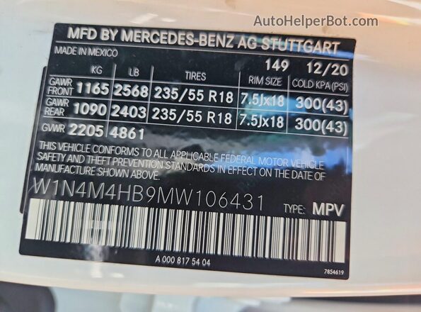 W1N4M4HB9MW106431 2021 MERCEDES-BENZ GLB-CLASS White Vista de la etiqueta del VIN
