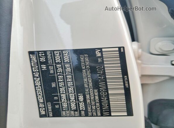 W1N4M4HB9MW147402 2021 MERCEDES-BENZ GLB-CLASS White VIN կոդի պիտակի տեսք