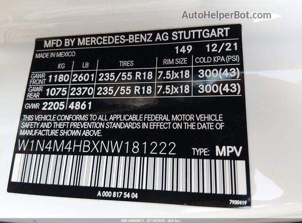 W1N4M4HBXNW181222 2022 MERCEDES-BENZ GLB-CLASS White Vista del compartimento del motor