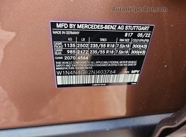 W1N4N4GB2NJ403764 2022 MERCEDES-BENZ GLA Brown VIN კოდის სტიკერის ხედი