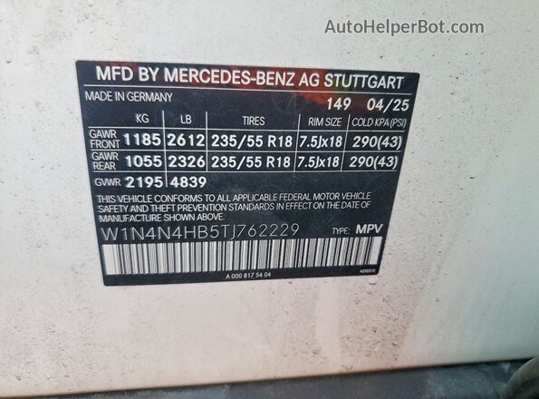 W1N4N4HB5TJ762229 2026 MERCEDES-BENZ GLA Белый Вид наклейки с VIN-кодом