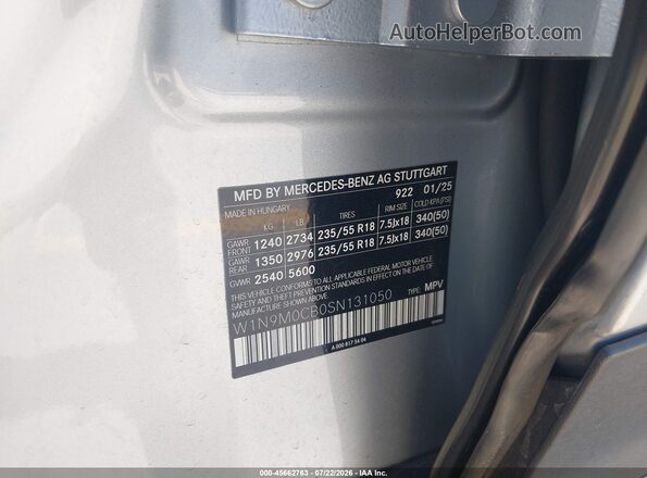 W1N9M0CB0SN131050 2025 MERCEDES-BENZ EQB 250 SUV Серебряный Вид наклейки с VIN-кодом