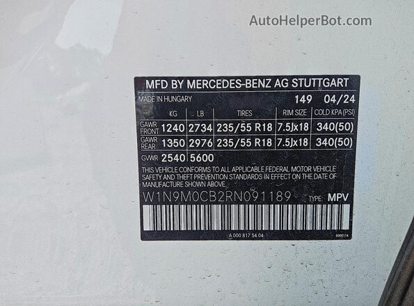 W1N9M0CB2RN091189 2024 MERCEDES-BENZ EQB White VIN կոդի պիտակի տեսք