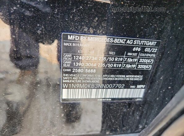 W1N9M0KB3NN007702 2022 MERCEDES-BENZ EQB Black Widok naklejki z numerem VIN