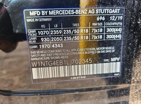 W1NTG4EB1LJ702345 2020 MERCEDES-BENZ GLA Black Vista de la etiqueta del VIN