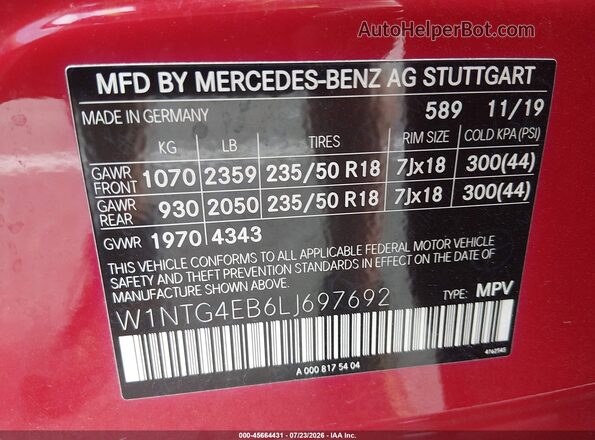 W1NTG4EB6LJ697692 2020 MERCEDES-BENZ GLA 250 Red Vista del compartimento del motor