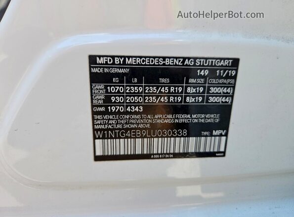 W1NTG4EB9LU030338 2020 MERCEDES-BENZ GLA White VIN կոդի պիտակի տեսք
