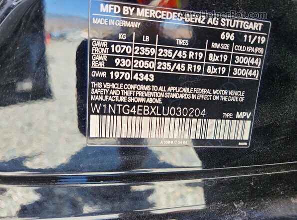 W1NTG4EBXLU030204 2020 MERCEDES-BENZ GLA Black Vista de la etiqueta del VIN