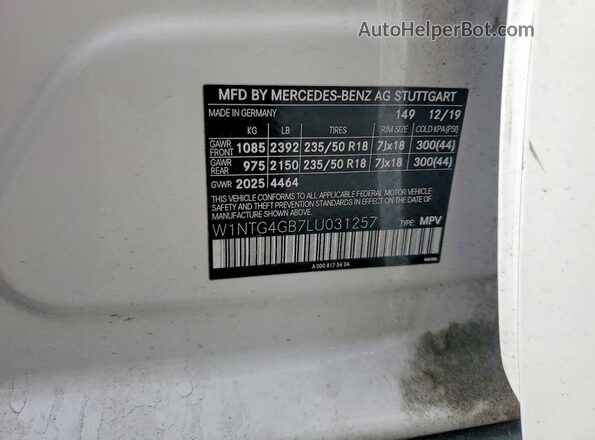 W1NTG4GB7LU031257 2020 MERCEDES-BENZ GLA White VIN կոդի պիտակի տեսք