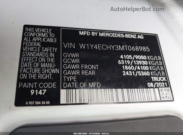 W1Y4ECHY3MT068985 2021 MERCEDES-BENZ SPRINTER White Вид підкапотного простору