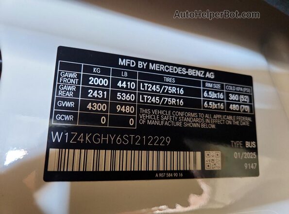 W1Z4KGHY6ST212229 2025 MERCEDES-BENZ SPRINTER White Вид наклейки з VIN-кодом