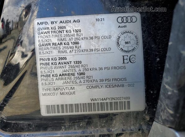 WA114AFY2N2027489 2022 AUDI SQ5 Black Vista de la etiqueta del VIN