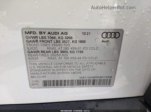 WA11AAGEXNB013059 2022 AUDI E-TRON White Vista del compartimento del motor