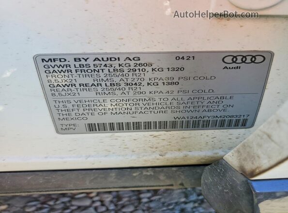 WA124AFY3M2083217 2021 AUDI SQ5 Белый Вид наклейки с VIN-кодом