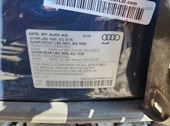 WA12AAGE1MB022137 2021 AUDI E-TRON Blue Вид наклейки з VIN-кодом