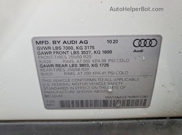 WA12AAGE7MB012261 2021 AUDI E-TRON White Vista de la etiqueta del VIN