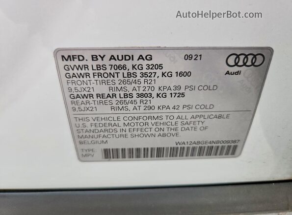 WA12ABGE4NB009387 2022 AUDI E-TRON White Вид наклейки з VIN-кодом