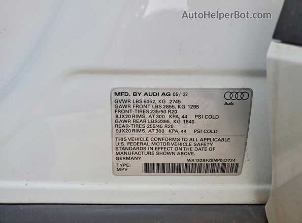 WA132BFZ9NP042734 2022 AUDI Q4 White Панорамний вид салону 360°