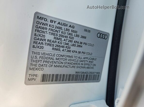 WA13AAGU2S2071906 2025 AUDI Q5 White Սալոնի 360 աստիճան տեսք