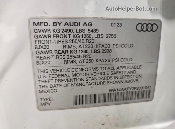 WA14AAFY2P2091041 2023 AUDI Q5 White Widok naklejki z numerem VIN