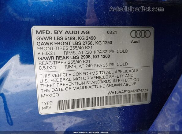 WA15AAFY2M2074773 2021 AUDI Q5 Синий Вид подкапотного пространства