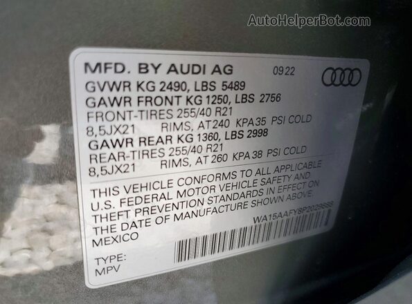 WA15AAFY8P2029888 2023 AUDI Q5 Gray Vista de la etiqueta del VIN