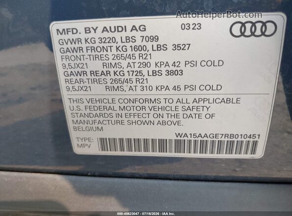 WA15AAGE7RB010451 2024 AUDI Q8 E-TRON Blue Engine compartment view