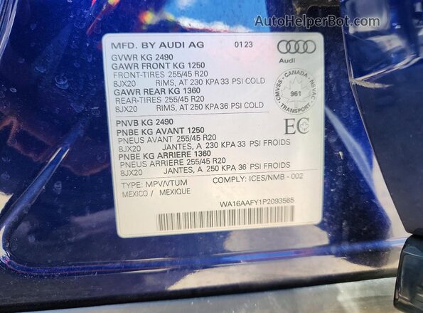 WA16AAFY1P2093565 2023 AUDI Q5 Blue Vista de la etiqueta del VIN
