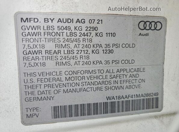 WA18AAF41MA086249 2021 AUDI A4 White ძრავის განყოფილების ხედი